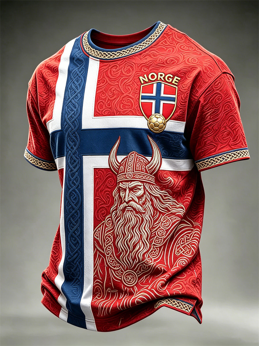 Herre-Norge fotball Vikingkriger keltisk knute flagg fargeblokktrykk t-skjorte med kortermer