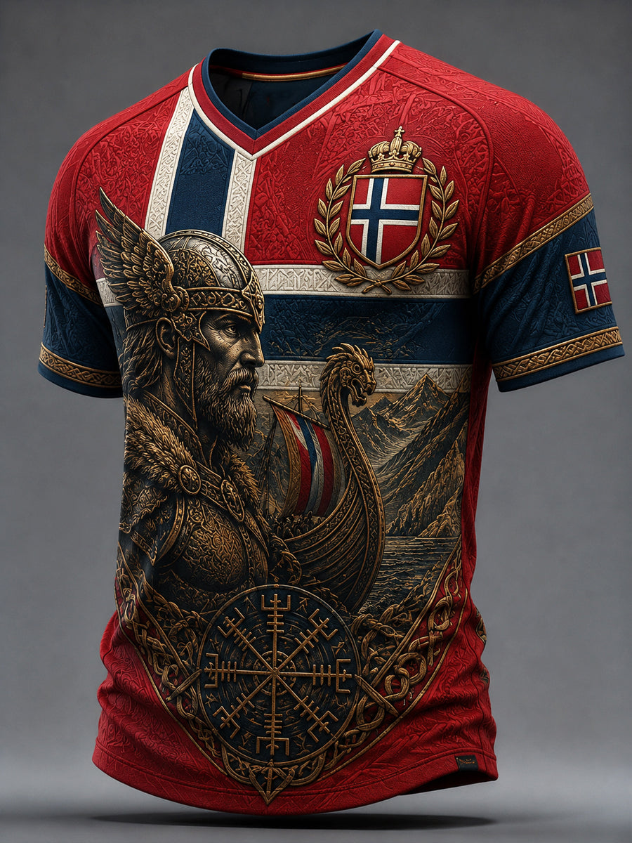 Retro norsk vikingkrigerkunst T-skjorte med V-utringning