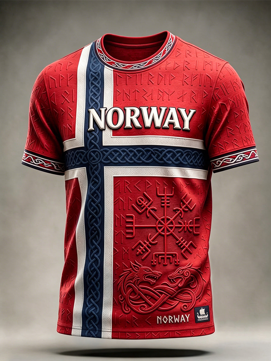 Menns Viking-inspirert mønster keltisk Norgesflagg-print t-skjorte med kortermete ermer