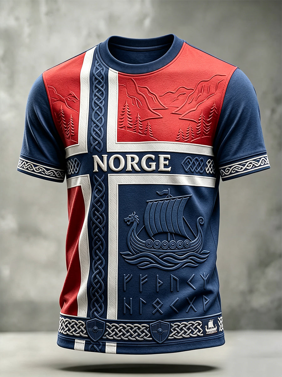 Herre-T-skjorte med viking-inspirert kunst, keltisk og norsk flaggtrykk, kortermet