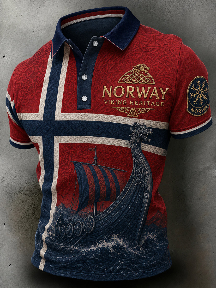 Retro nordisk vikingstil grafisk avslappet poloskjorte