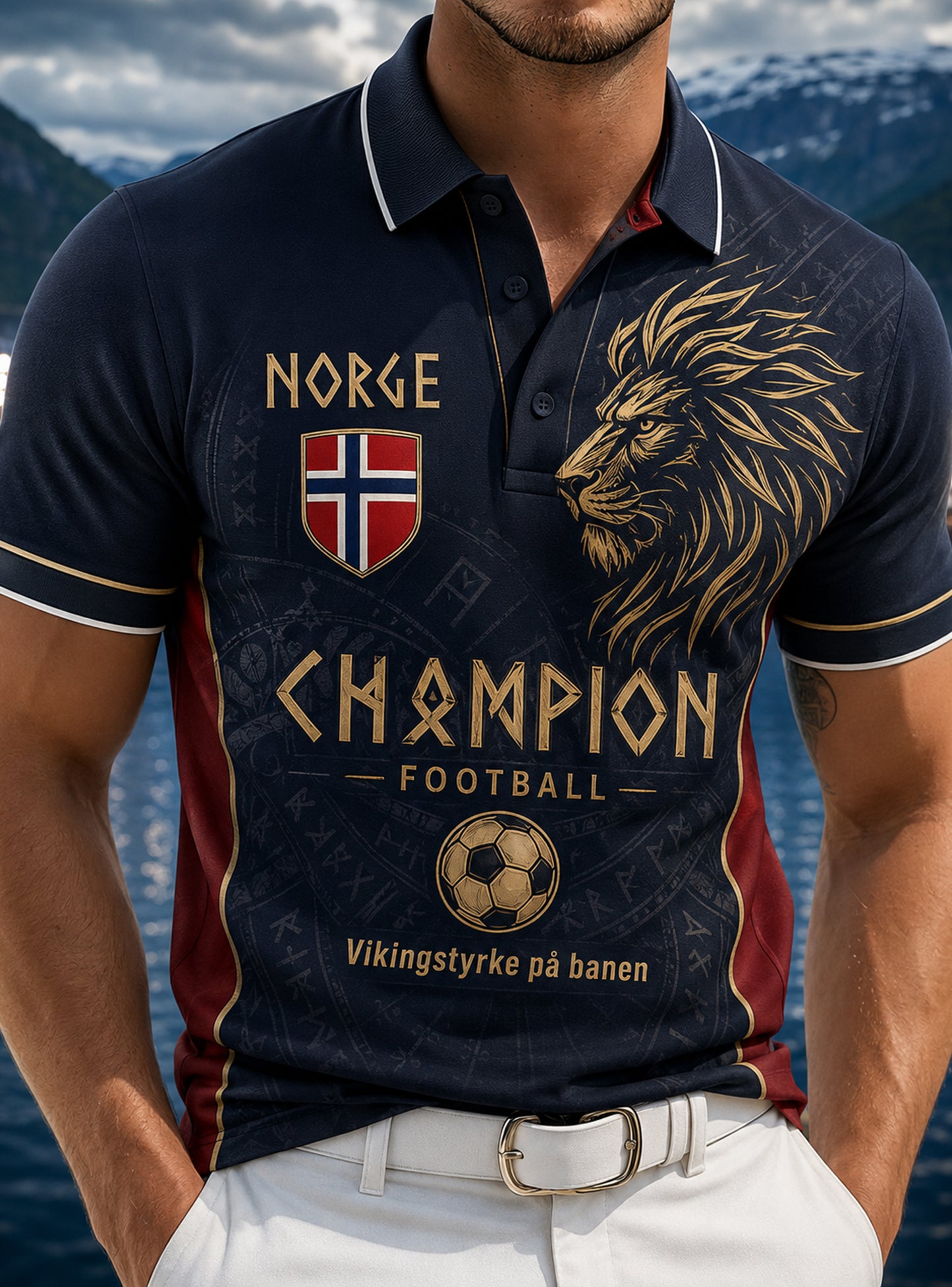Menns polo-skjorte med kunsttrykk inspirert av norske vikinger