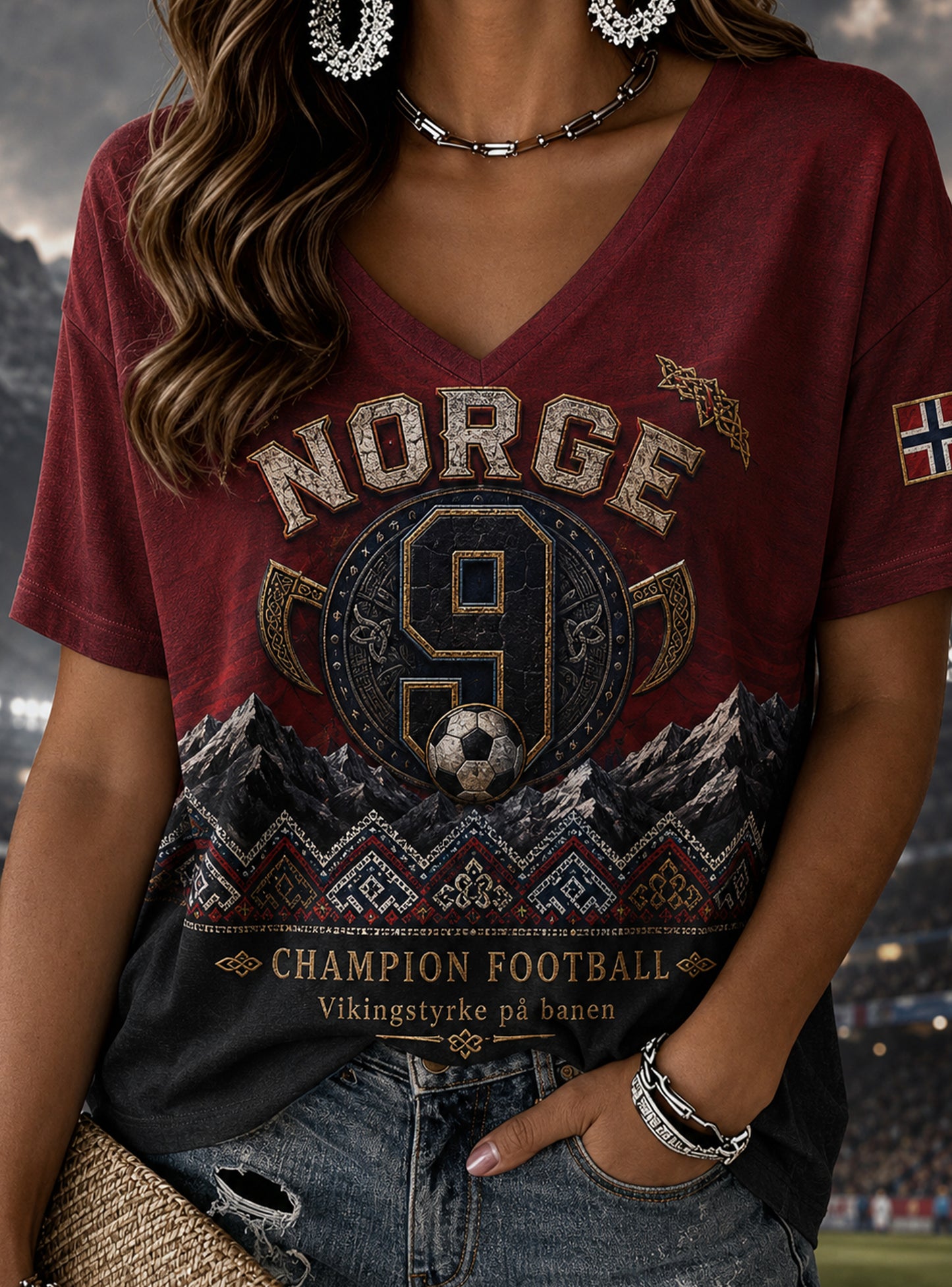 Kvinners kunsttrykk-T-skjorte med norsk vikingtema