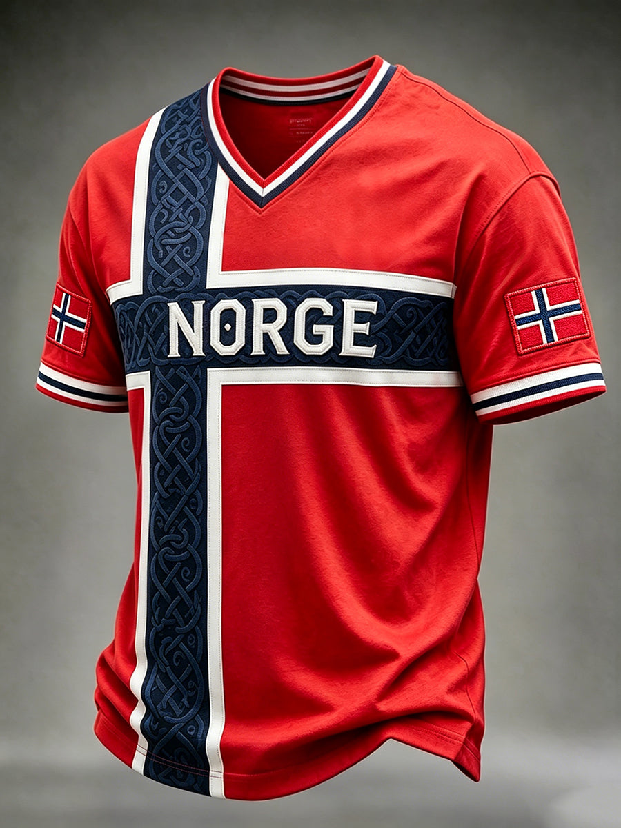 Herrer Norge Viking Keltisk Print V-hals T-skjorte med korte ermer