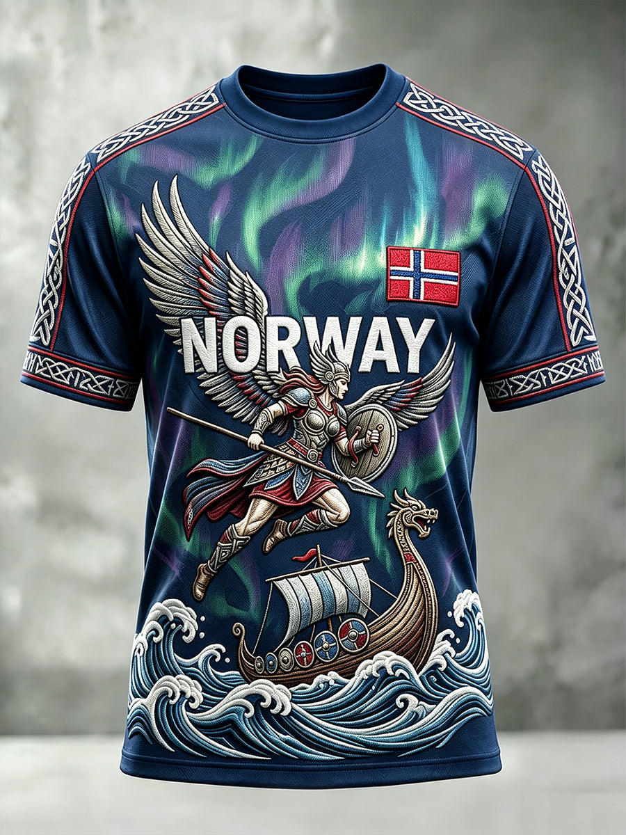 Herrer Norge viking-inspirert mønster nordlys-print t-skjorte med korte ermer