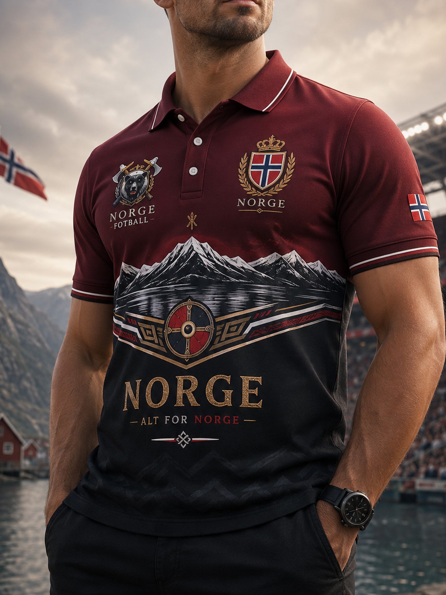 Menns polo-skjorte med norsk viking-inspirert patriotisk kulturkunsttrykk