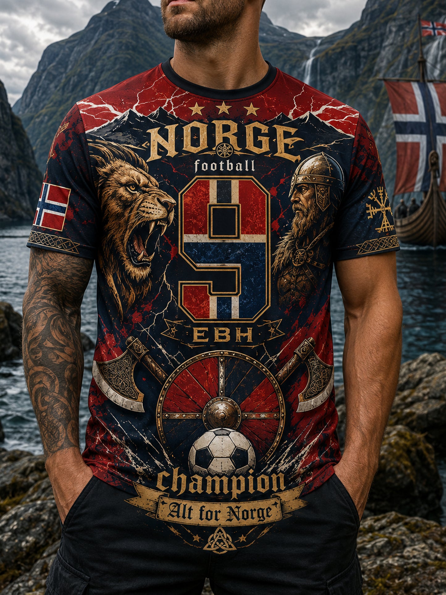 Menns norske vikingtema Patriotisk kulturkunst Print T-skjorte