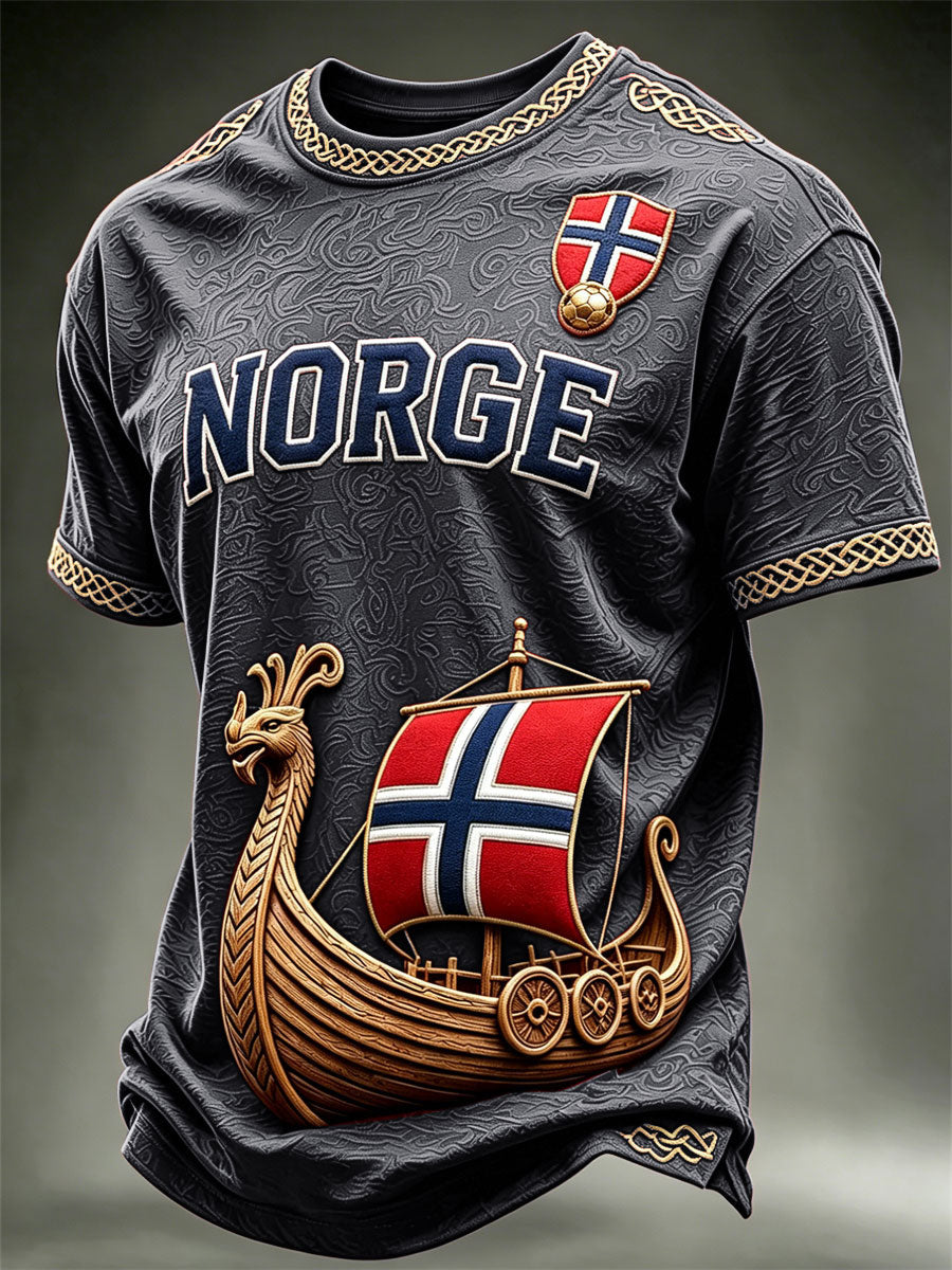 Herre Norge Vikingeskips-Norge Fotball- og flagg kunsttrykk t-skjorte med korte ermer