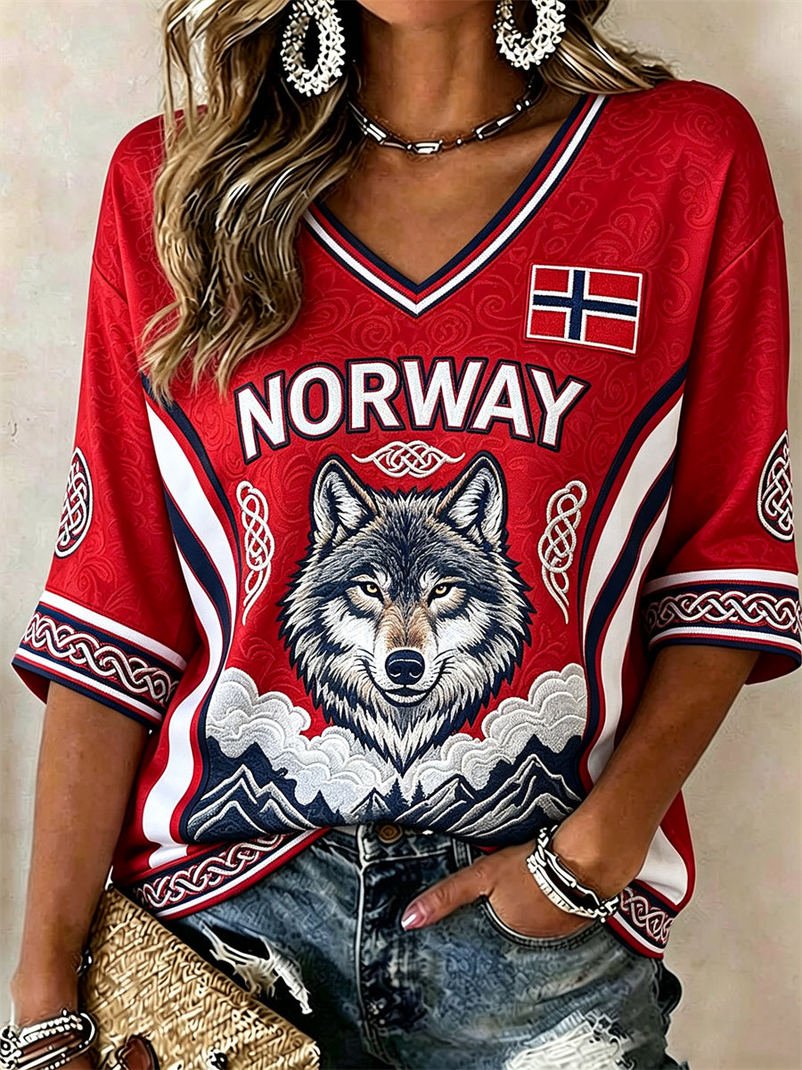 Kvinner Norge Viking Ulven Skog landskap Celtic Knut flagg Skriv ut midt lengde ermer V-hals T-shirt