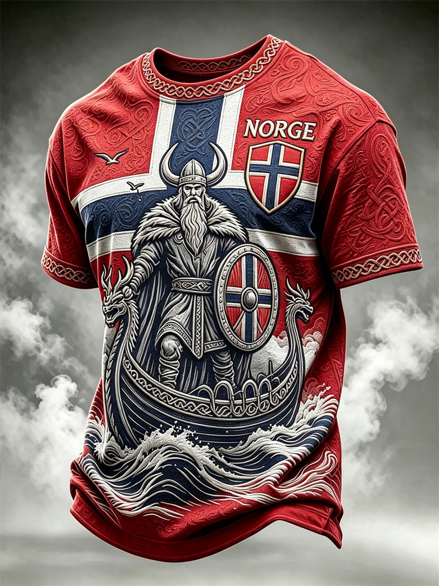 Menns Norge Viking Kriger & Skip Celtic Knott Flag Skriv ut korte ermer t-skjorte