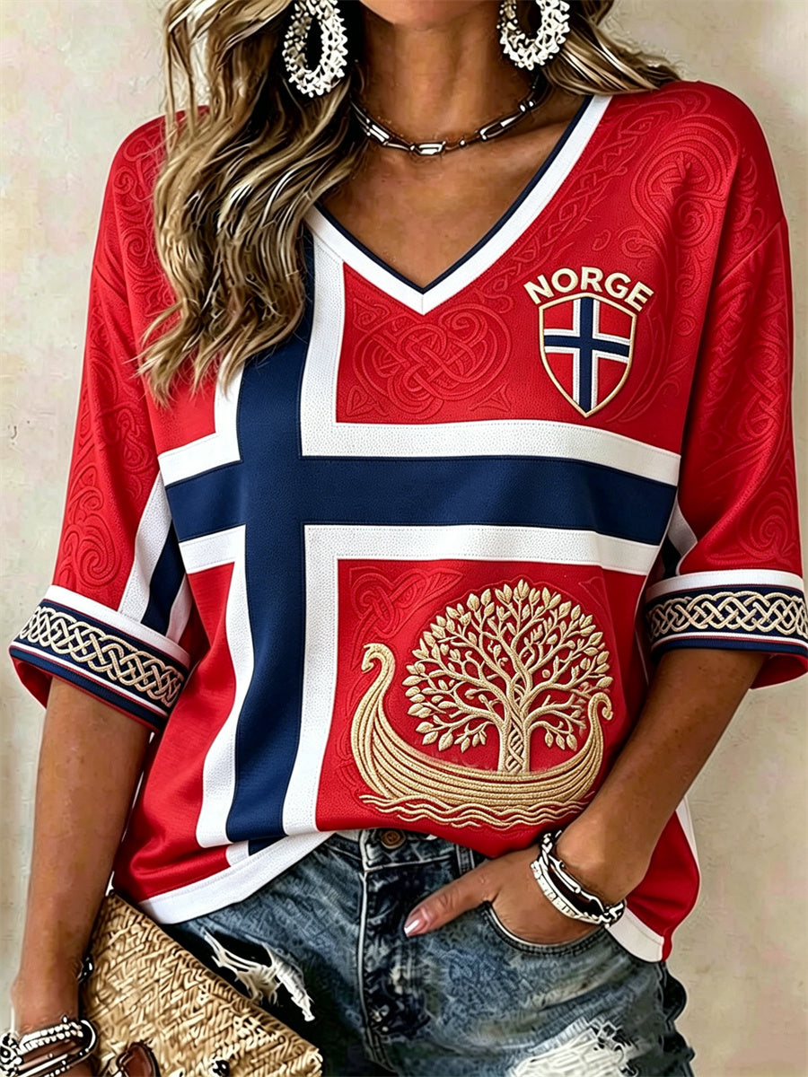 Kvinner Norge Viking skip Tre av liv keltisk knopflagg Skriv ut midt lengde ermer V-hals T-shirt