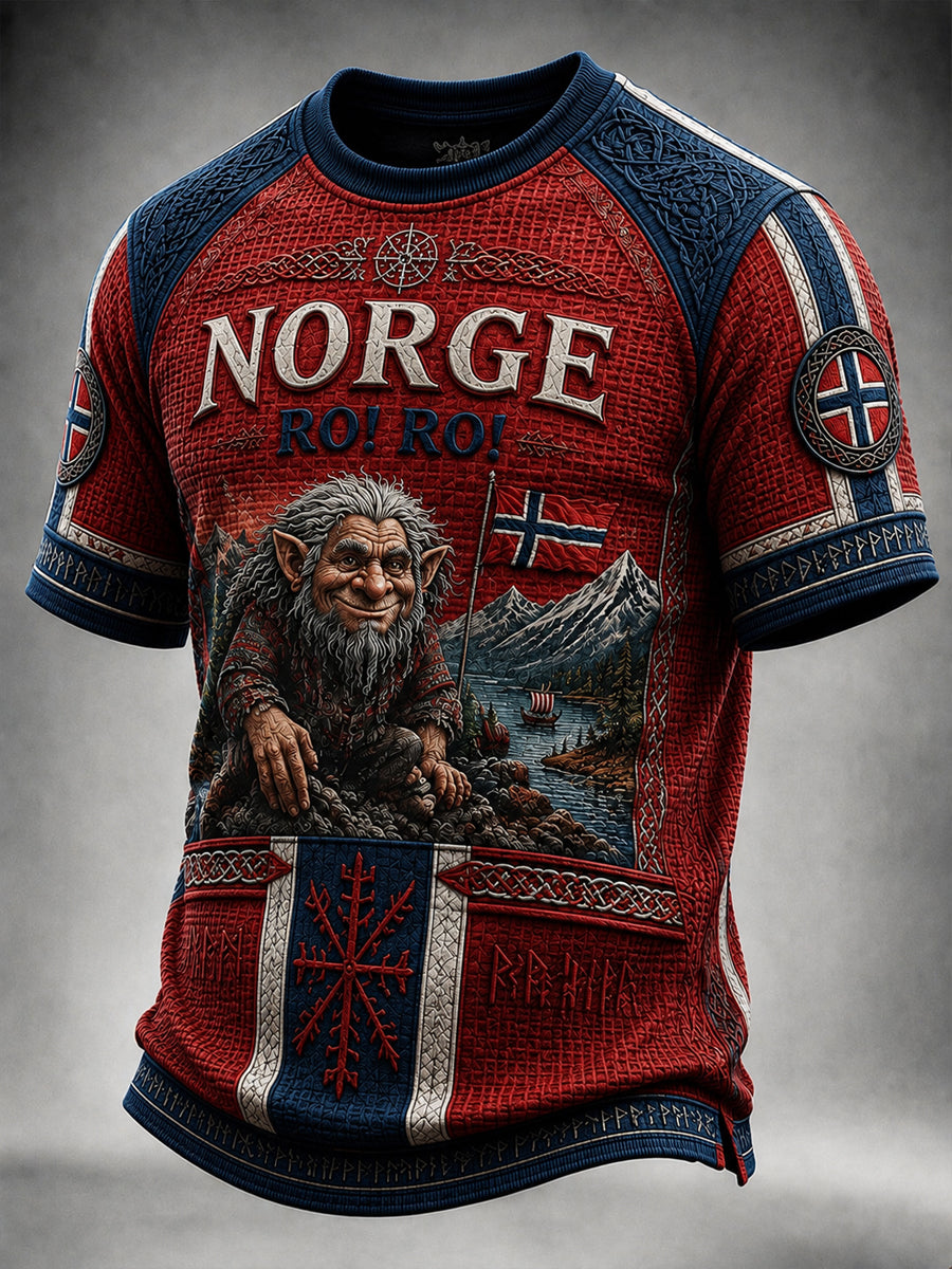 Retro norsk RO! RO! T-shirt med vaffel og mønster med troll