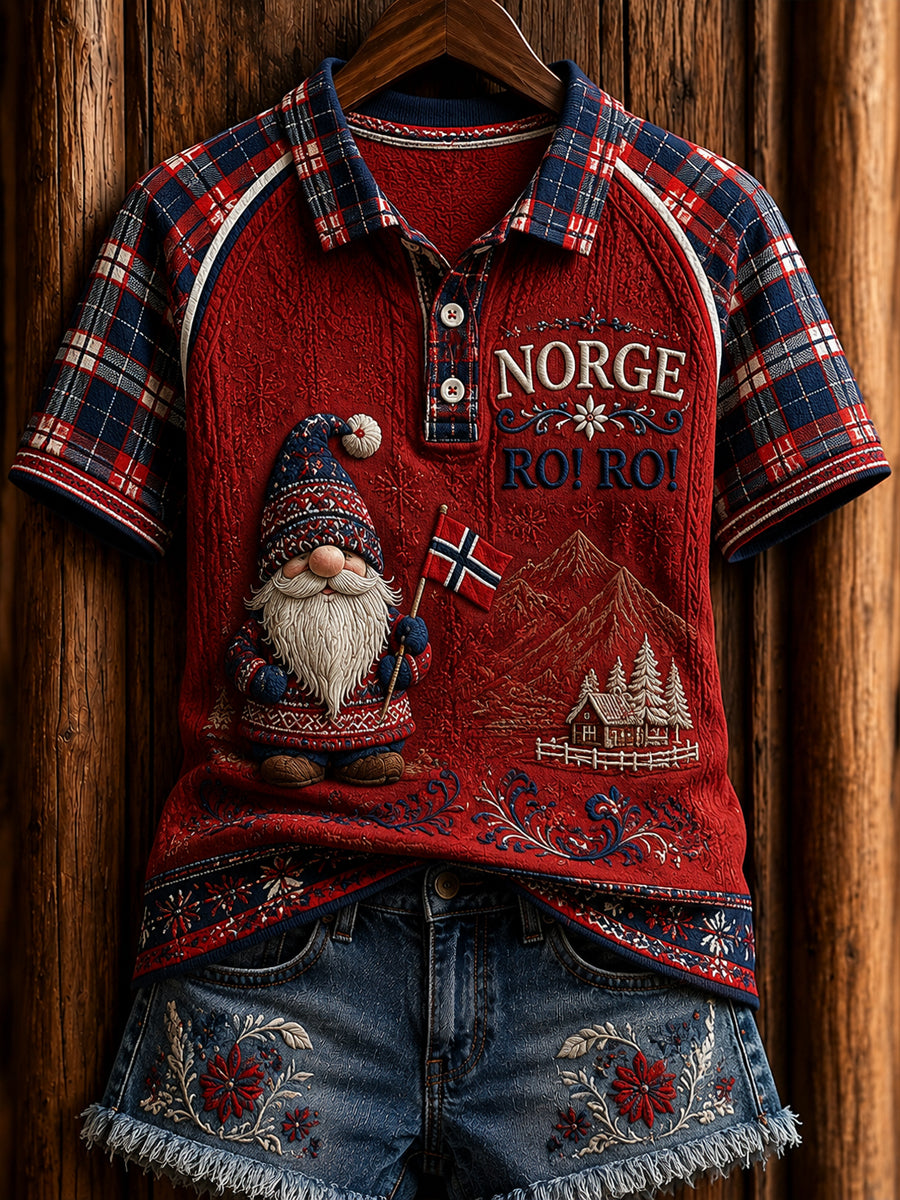 Retro Norsk Nisse Sjakket patchwork Casual Polo Skjorte
