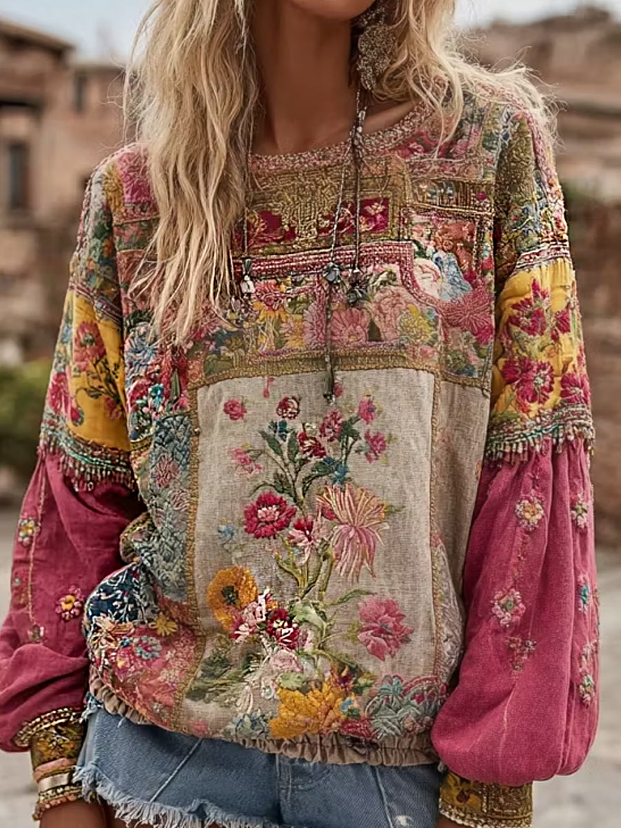Kvinnlig, avslappnad och bekväm linnesweatshirt med vintageart-print av blommor