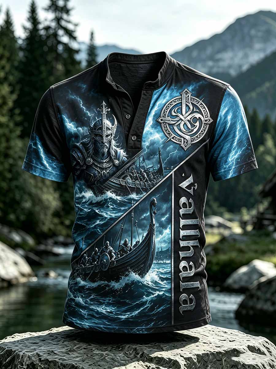Mäns Retro Viking Valhalla Mönster Skriv ut T-shirt
