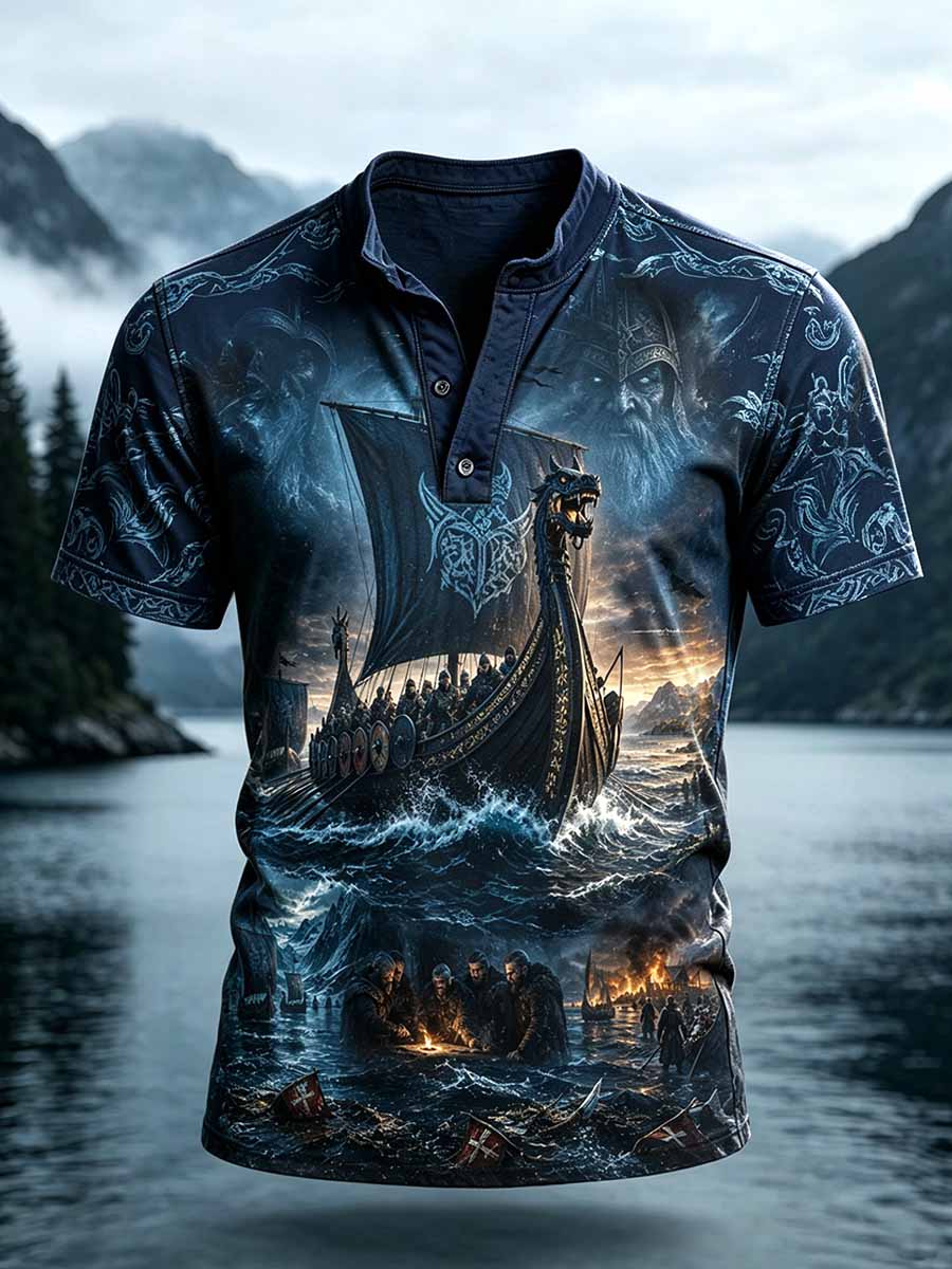 Mans retro vikingkrigarmönstrad ledig t-shirt