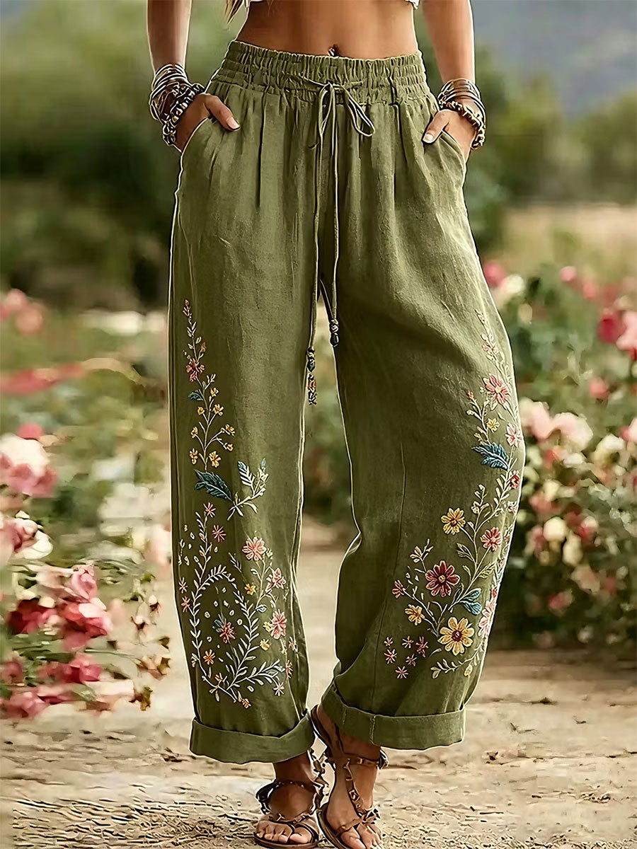 Kvinnors eleganta blommiga bomull Lin byxor