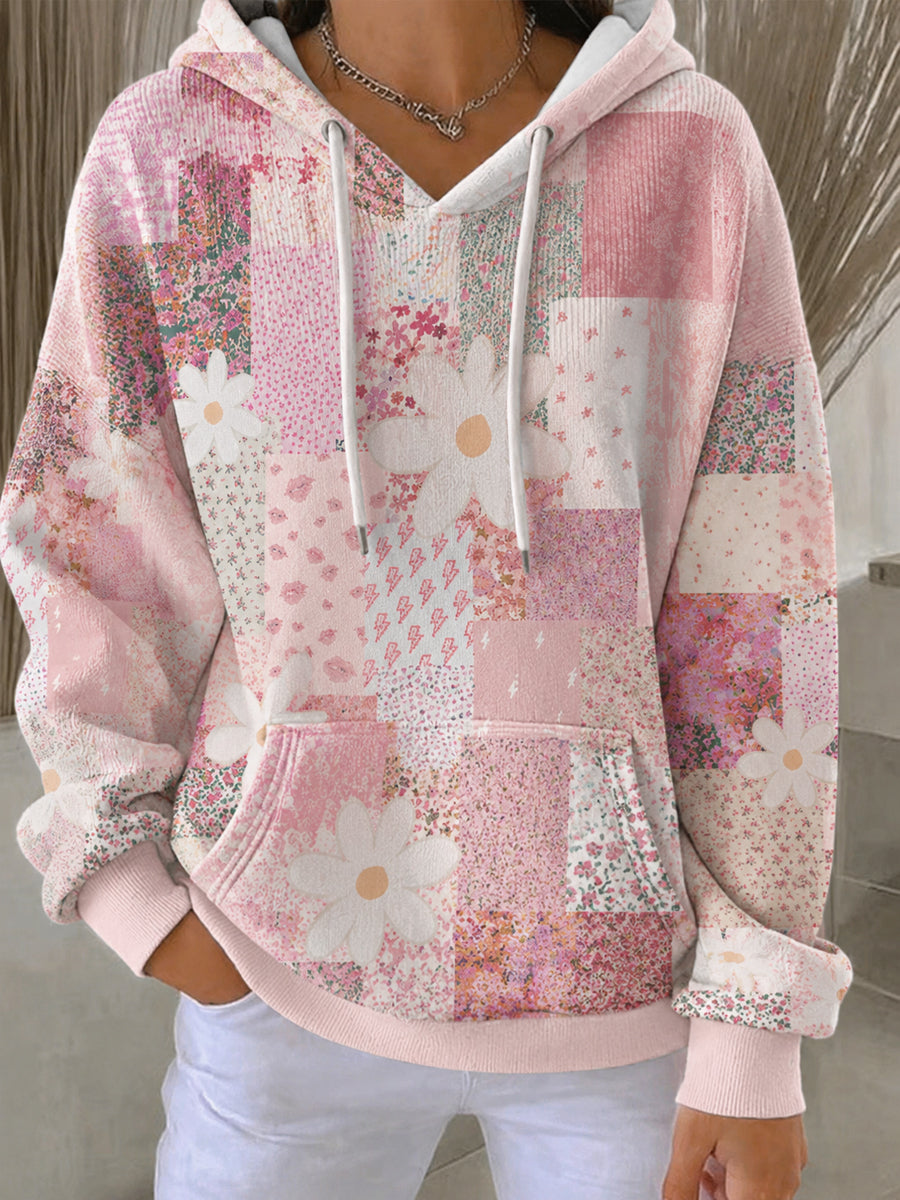 Kvinnlig informell hoodie med tryck av rosa blommor och bröstcancermotiv
