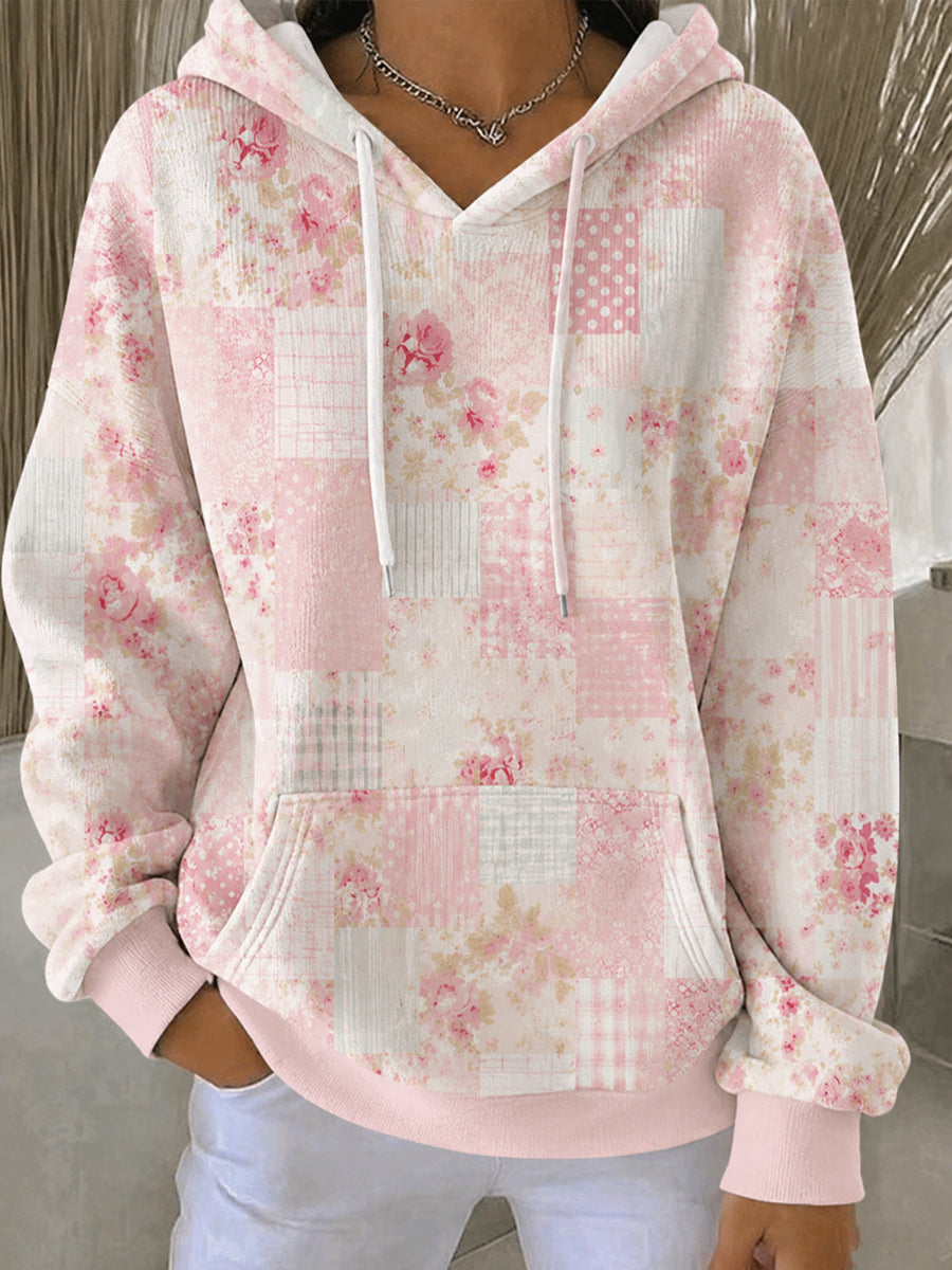 Kvinnlig informell hoodie med tryck av rosa blommor och bröstcancermotiv