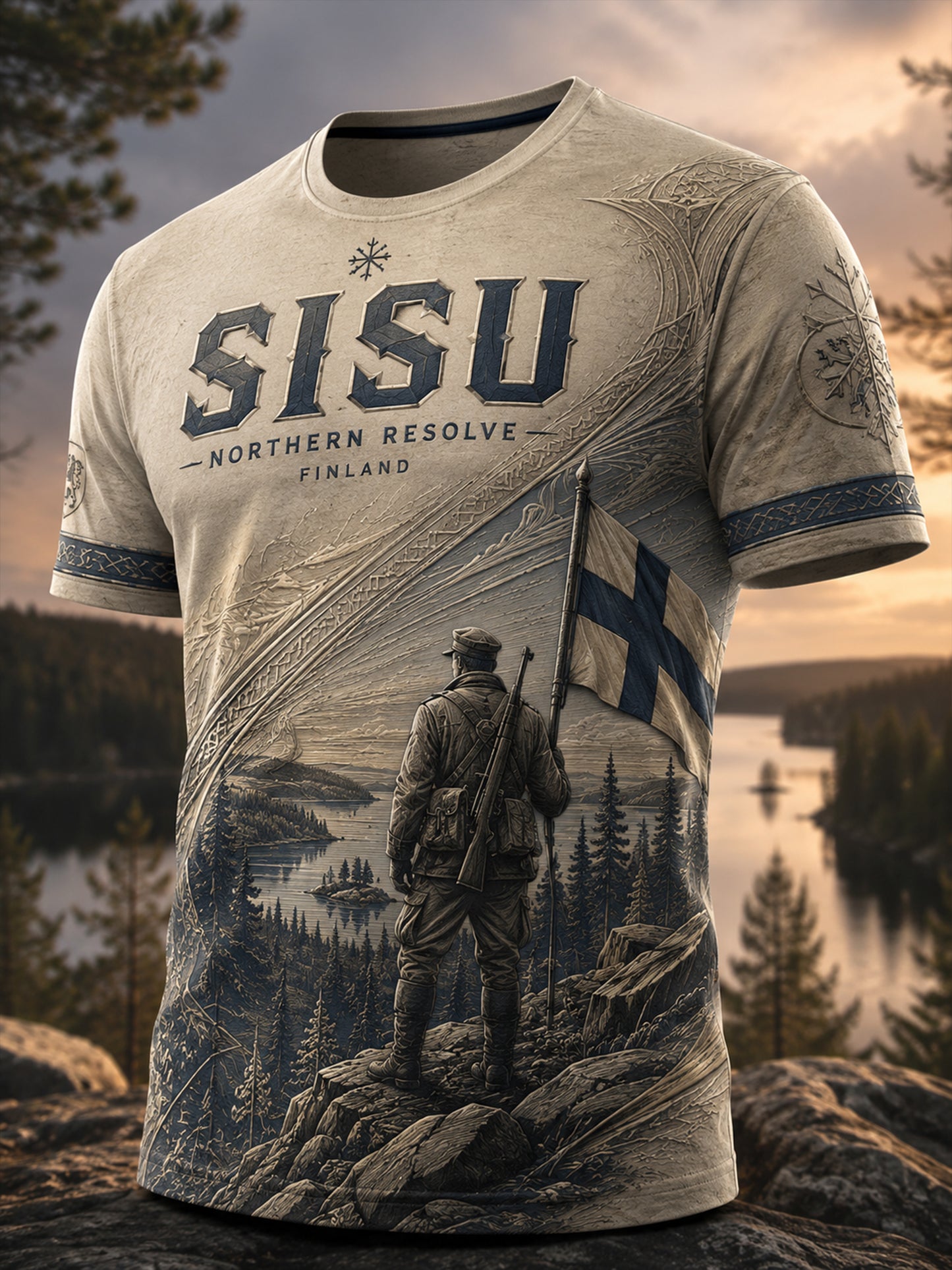 Herr Sisu-patriotisk konsttryck avslappnad t-shirt (Finsk veteraninspirerat element)