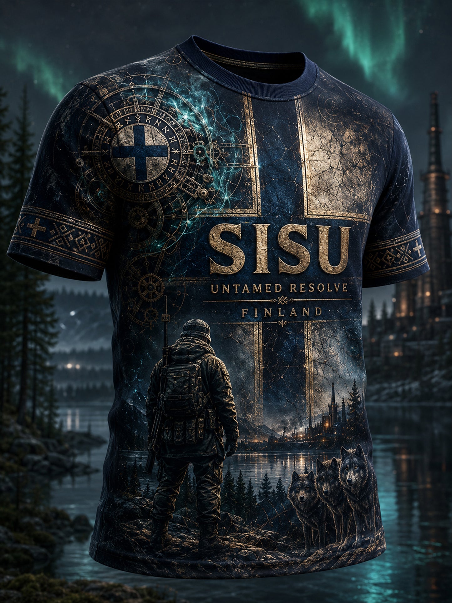 Herr Sisu-patriotisk konsttryck avslappnad t-shirt (Finsk veteraninspirerat element)