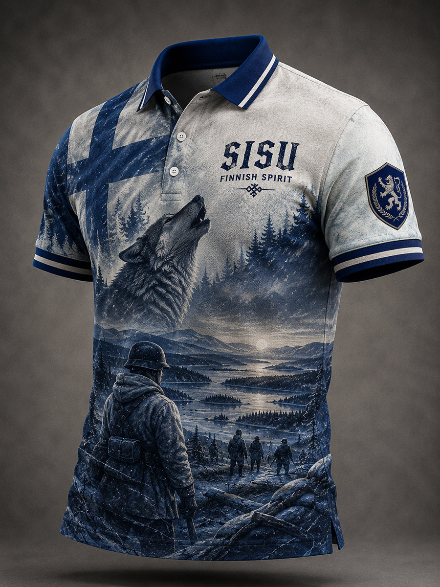 Herrpolotröja Sisu med patriotiskt minne och konstnärliga tryckdetaljer, inspirerad av finländska veteraner