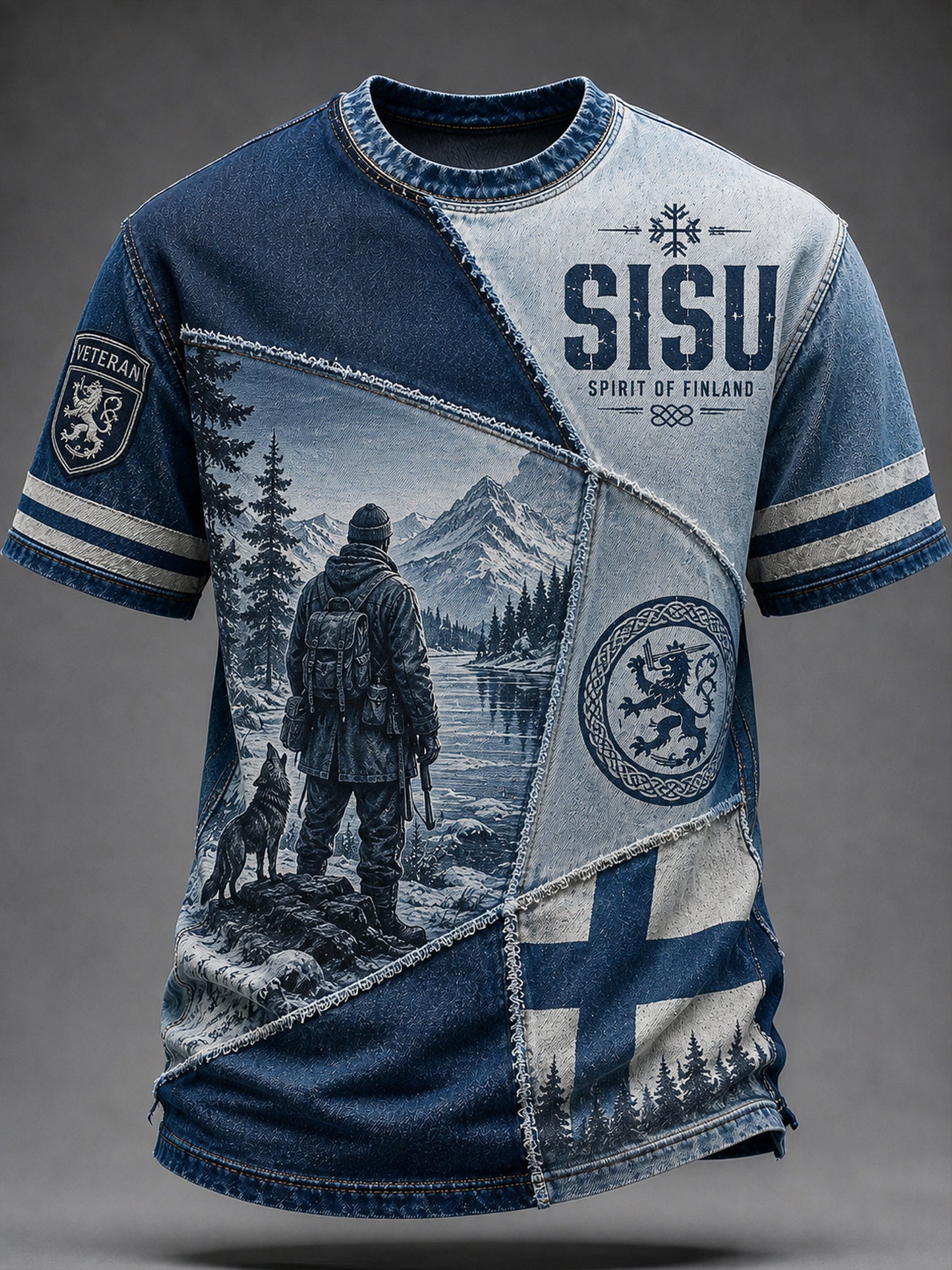 Herrtröja med Sisu-patriotiskt konsttryck och inslag av finsk veterantradition
