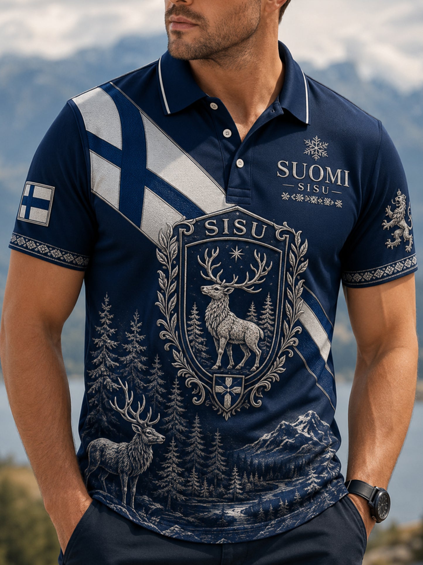 Herrpolotröja Sisu med konstnärlig tryck, som bär vidare på den finländska veteranandens anda