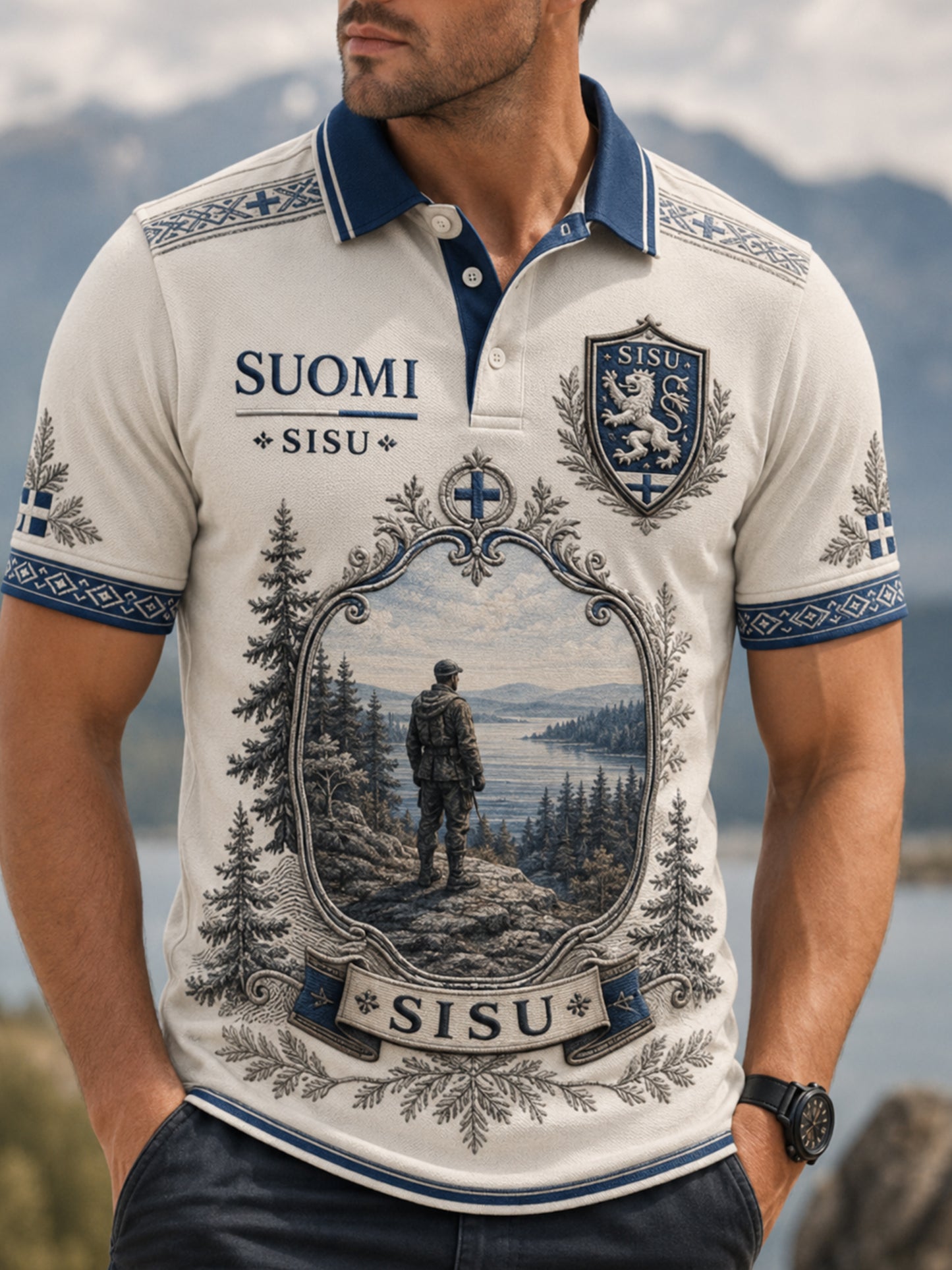 Herrpolotröja Sisu med konstnärlig tryck, som bär vidare på den finländska veteranandens anda