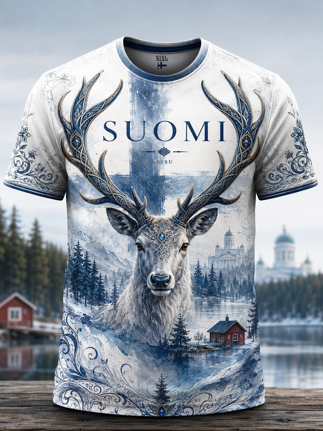 Herrtröja i polarstil med korta ärmar och renmotiv