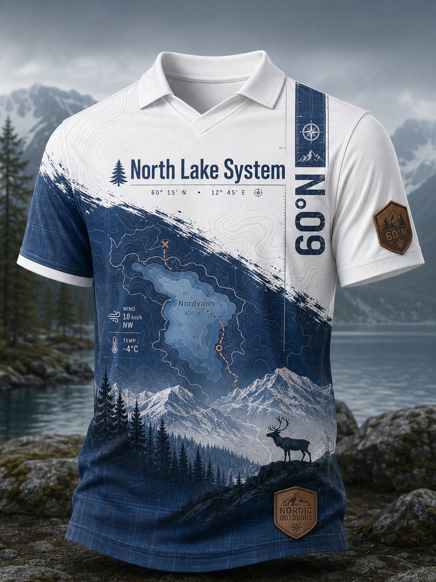 Miesten Suomen järvi Contour Line jää poro Element Art Print V-Neck Toppi