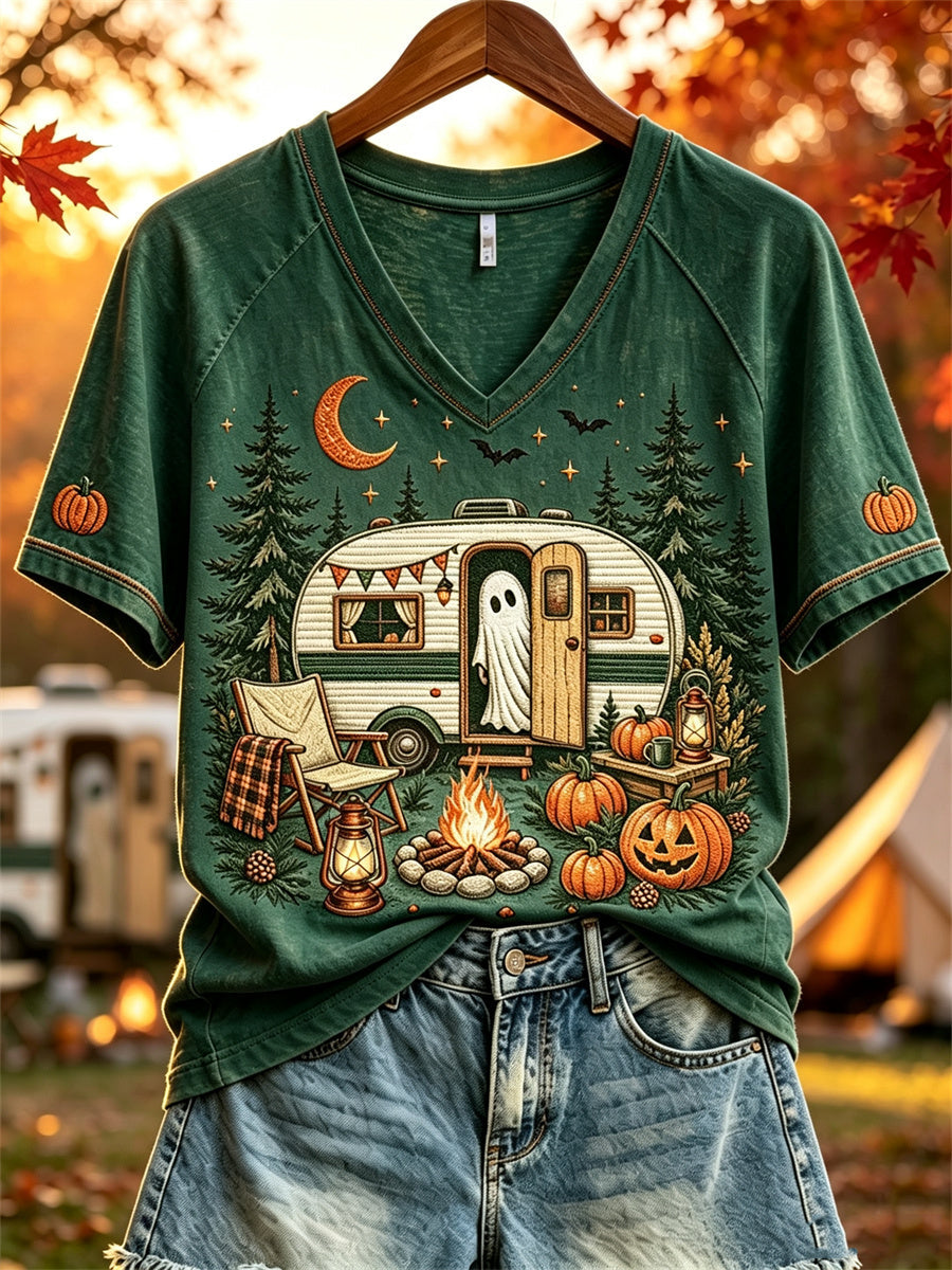 Halloween-spökt-shirt för kvinnor med korta ärmar, tryck med husbil och hösttema