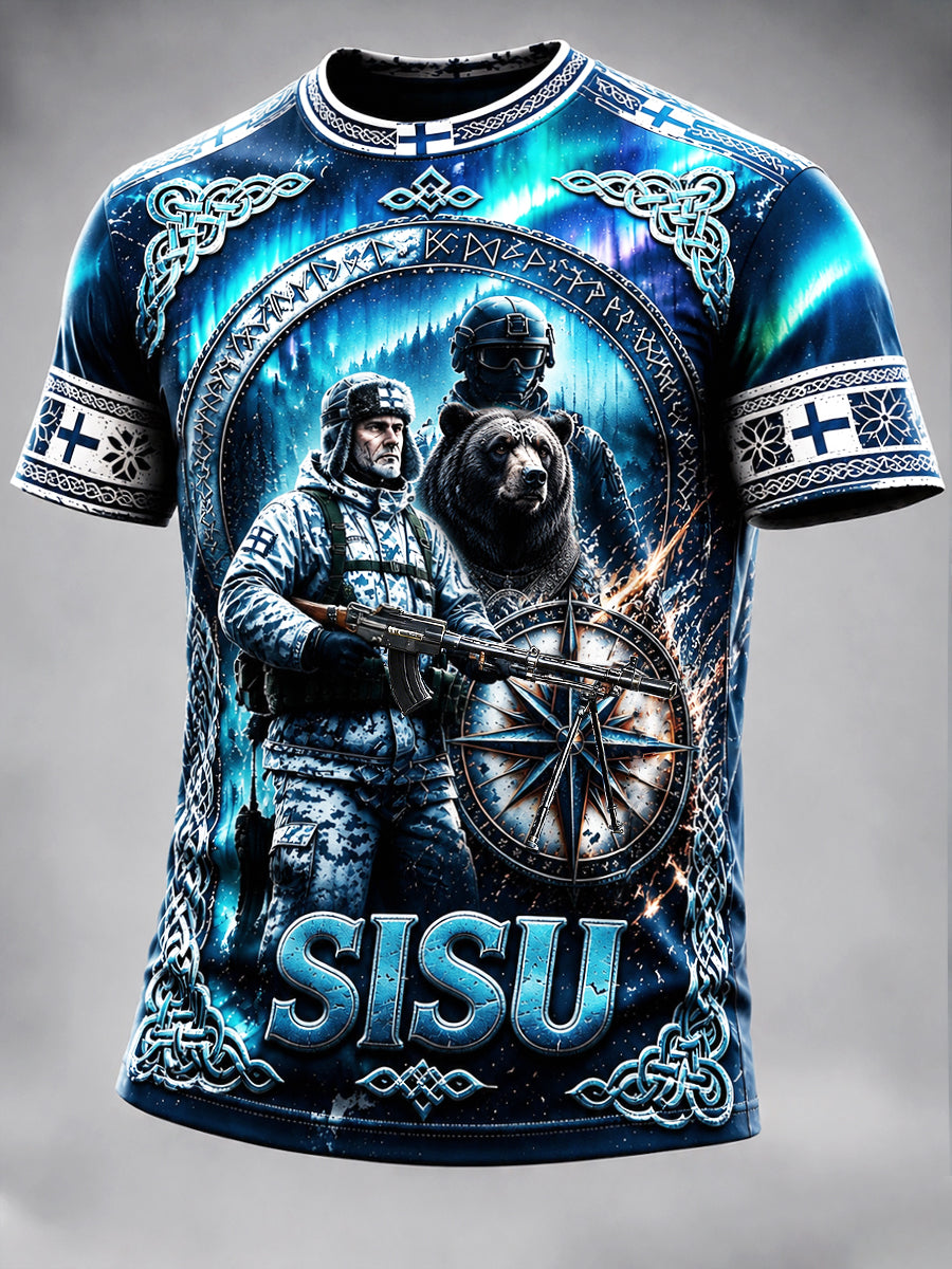 Miesten sininen suomalainen sotilaallinen 'Sisu' Henki Print Casual T-paito