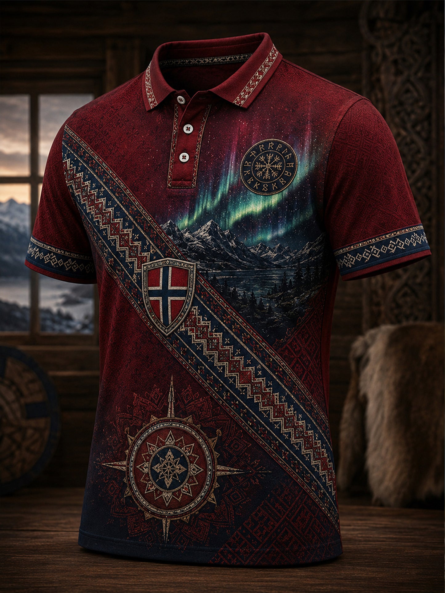 Menns norsk-samisk kulturelt motiv kunsttrykk avslappet polo