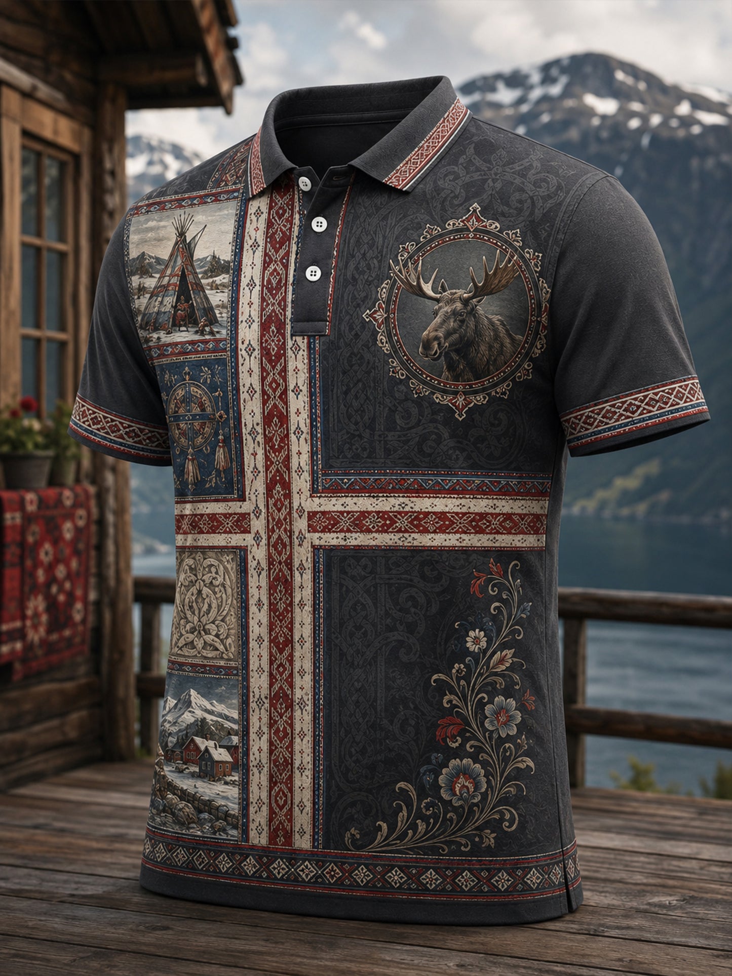 Menns norsk-samisk kulturelt motiv kunsttrykk avslappet polo