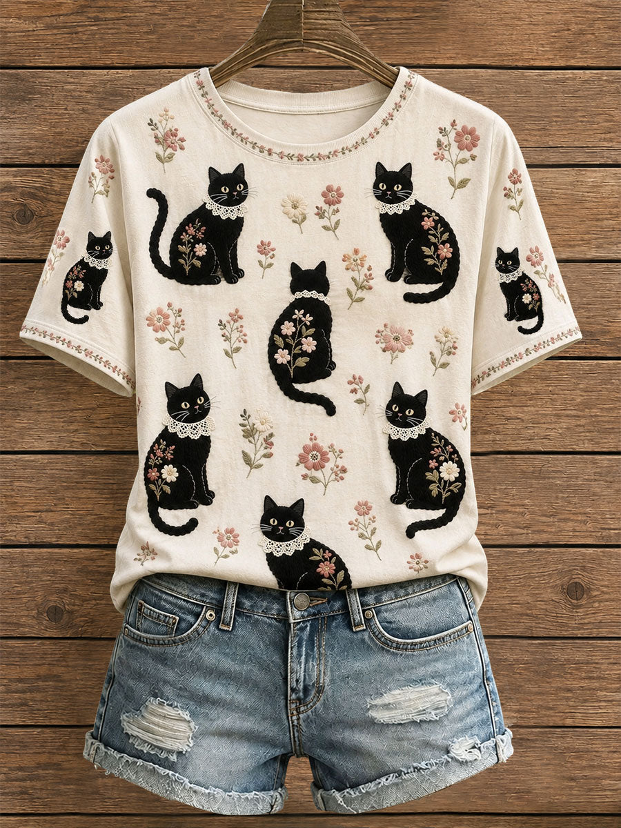 Kvinnors blomsterkatt T-shirt