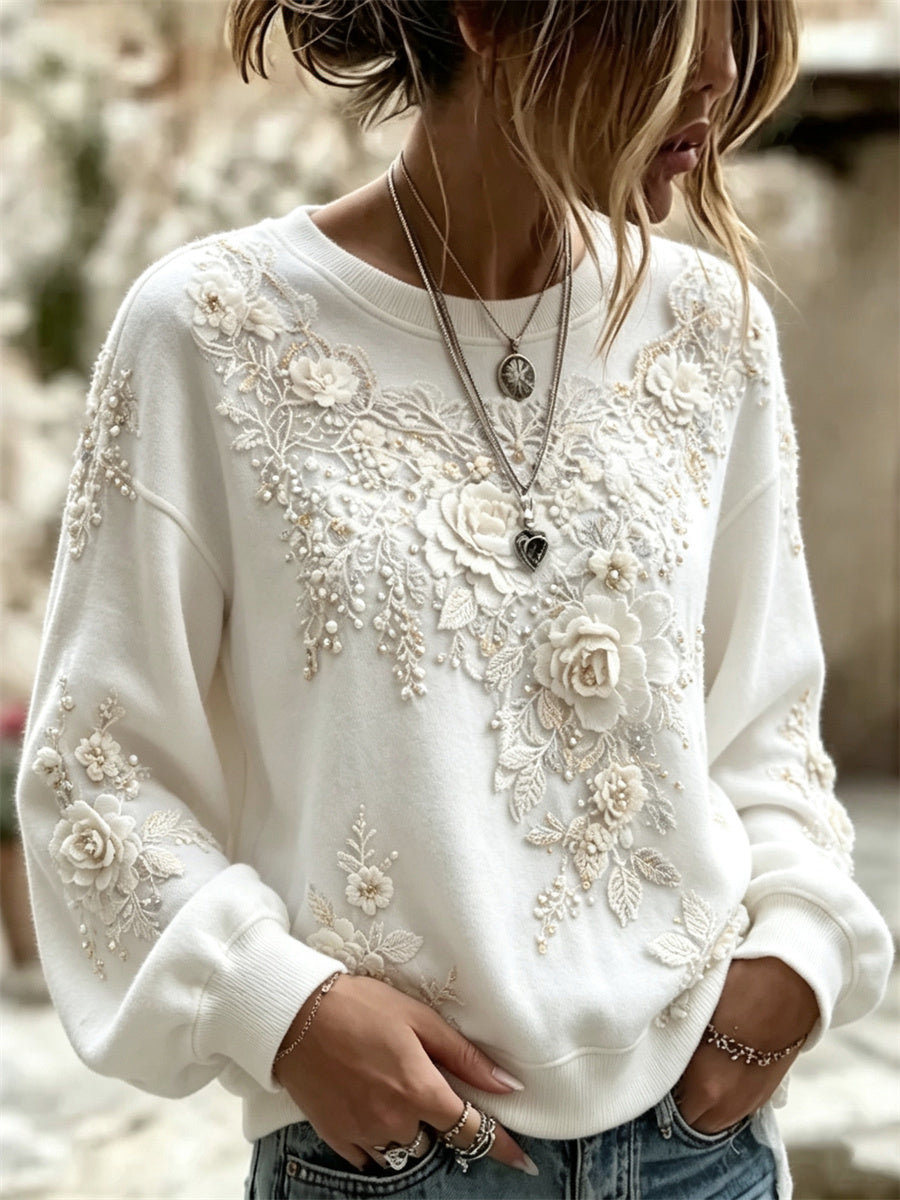 Kvinnors stil Boho Vita rosor blommiga konst Print Sweatshirt