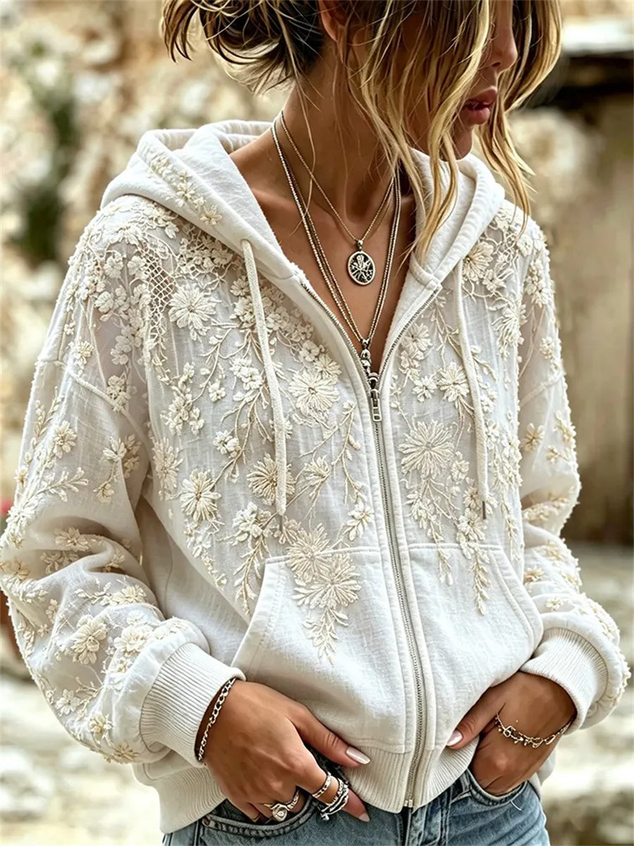 Kvinnors klass Boho vit blomsterkonst Skriv ut full Zip Hoodie.