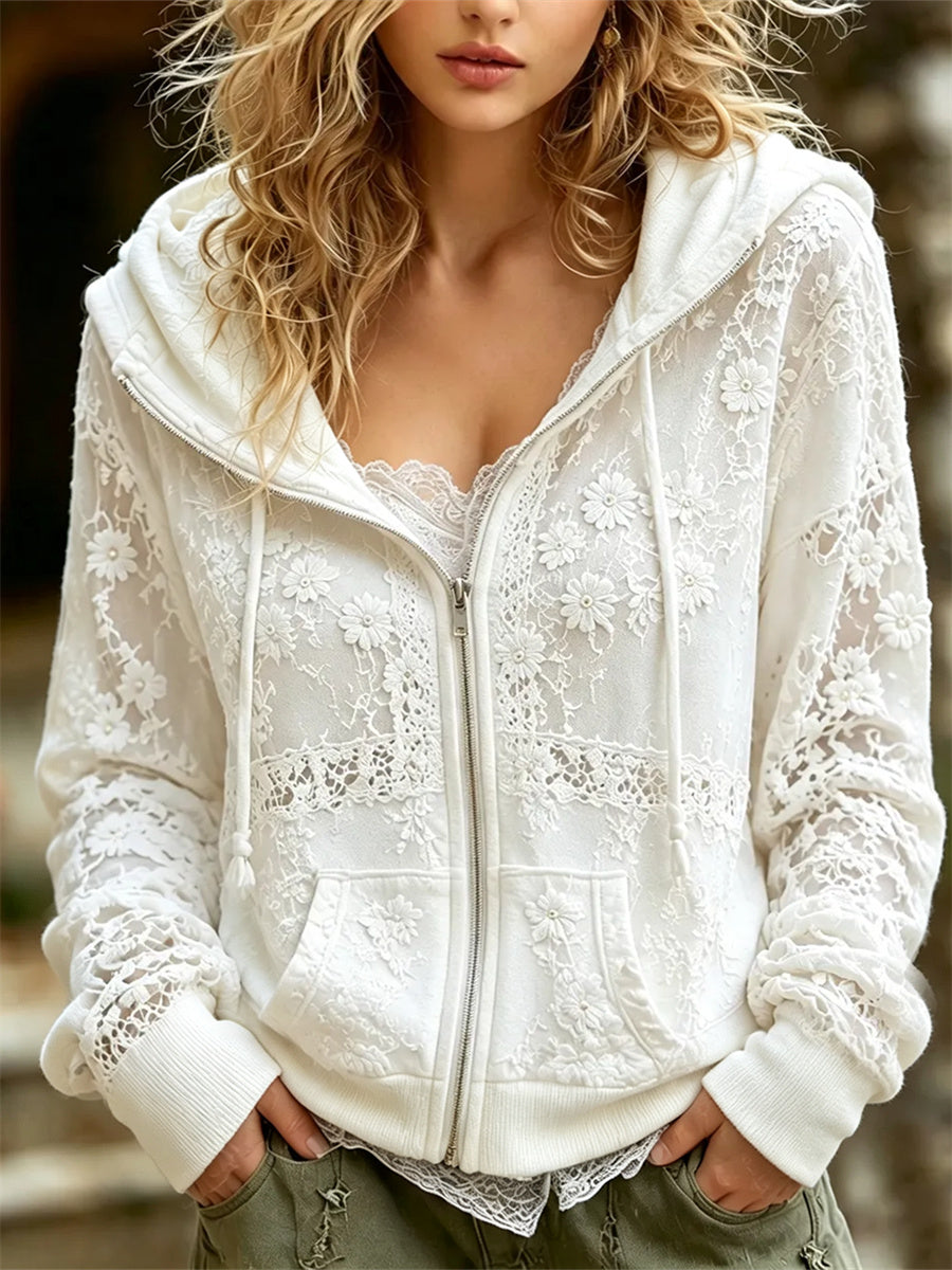 Damsvart, klassiskt boho-hoodie med vit blomsterkonsttryck och full dragkedja