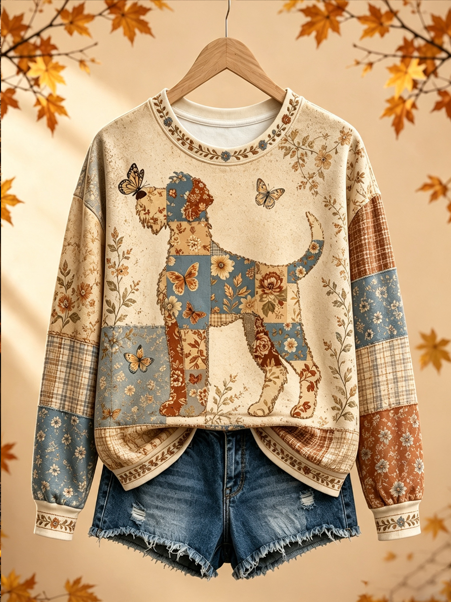 Damsweatshirt i höstlig patchworkdesign med hundmönster, normal passform