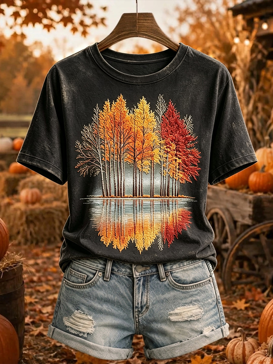 Kvinnlig vintage-t-shirt med tryck av höstträd, mysig och kortärmad