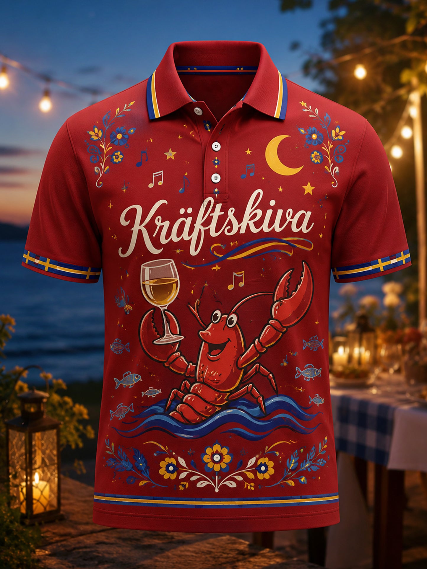 Herrpolotröja med konsttryck till minne av den svenska hummerfestivalen