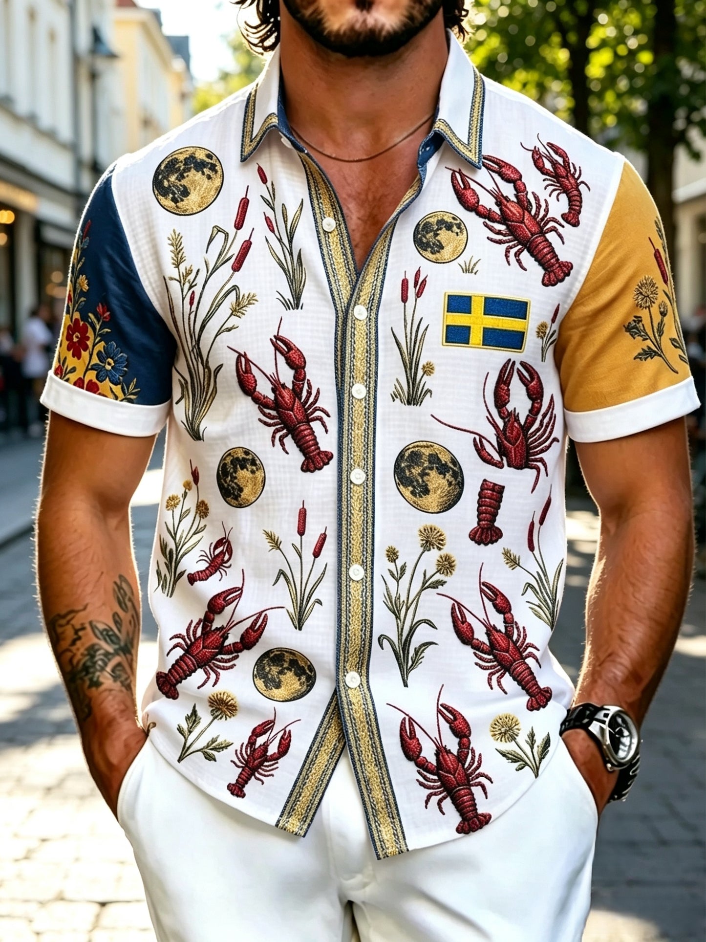 Herr Retro Swedish Lobster Festival Skriv ut Cotton-Linen