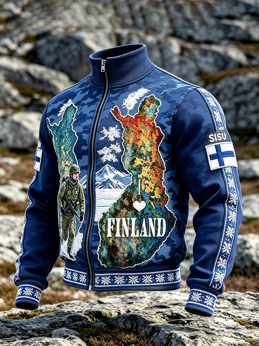 Miesten Dark Blue Camouflage Suomen sotilas 'Sisu Henki' Tulosta Casual Zip-Up Takti