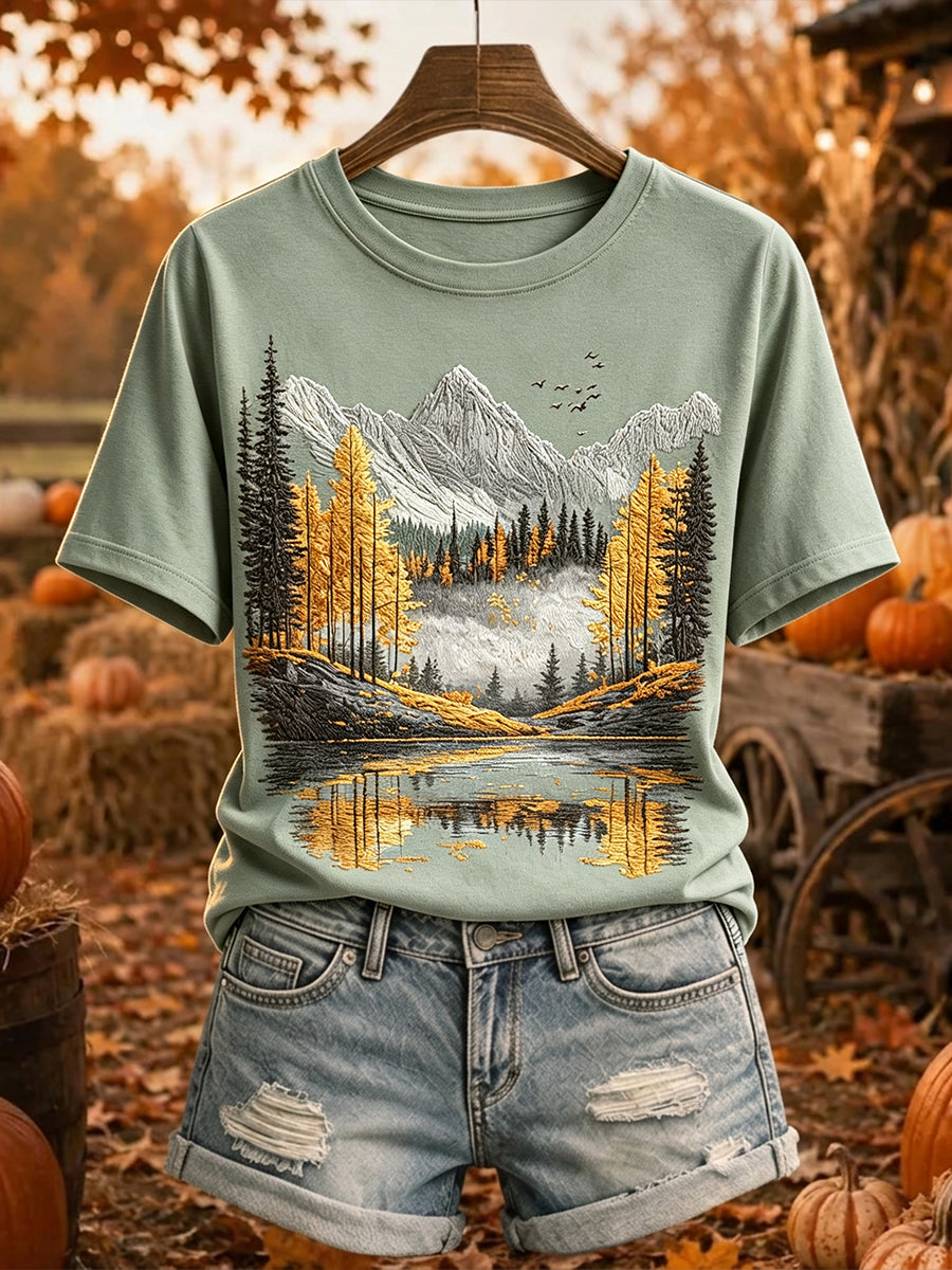 Damens Vintage Fall Tree Mountain Print Mysig kortärmad T-shirt