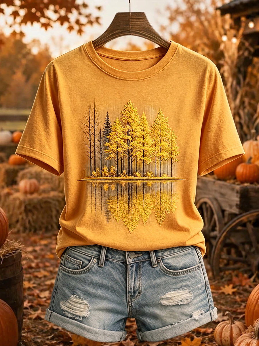 Damens höstträd Reflektion Skriv ut bekväm kortärmad T-shirt