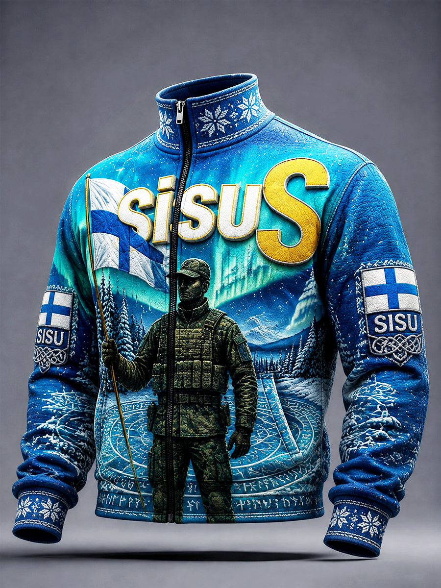 Miesten sininen suomalainen sotilaallinen 'Sisu' henki Print Casual Zip-Up Takti