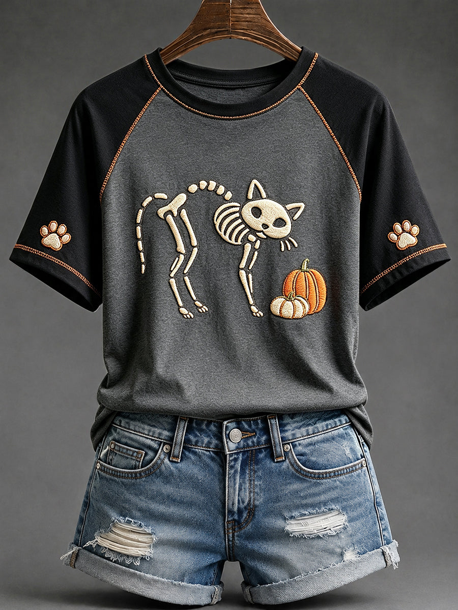 Kvinnors Halloween Skull katt utskrift Round hals kort ärm T-shirta