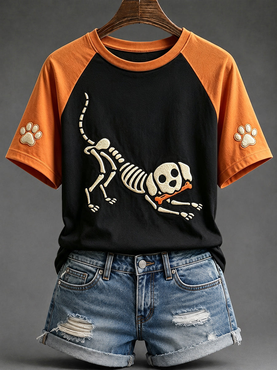 Kvinnors Halloween Skull hund utskrift rund hals kort ärm T-shirta