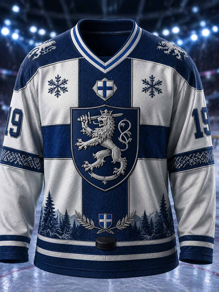 Miesten vintage Suomi-jääkiekko -painokuvioitu pitkähihainen t-paita